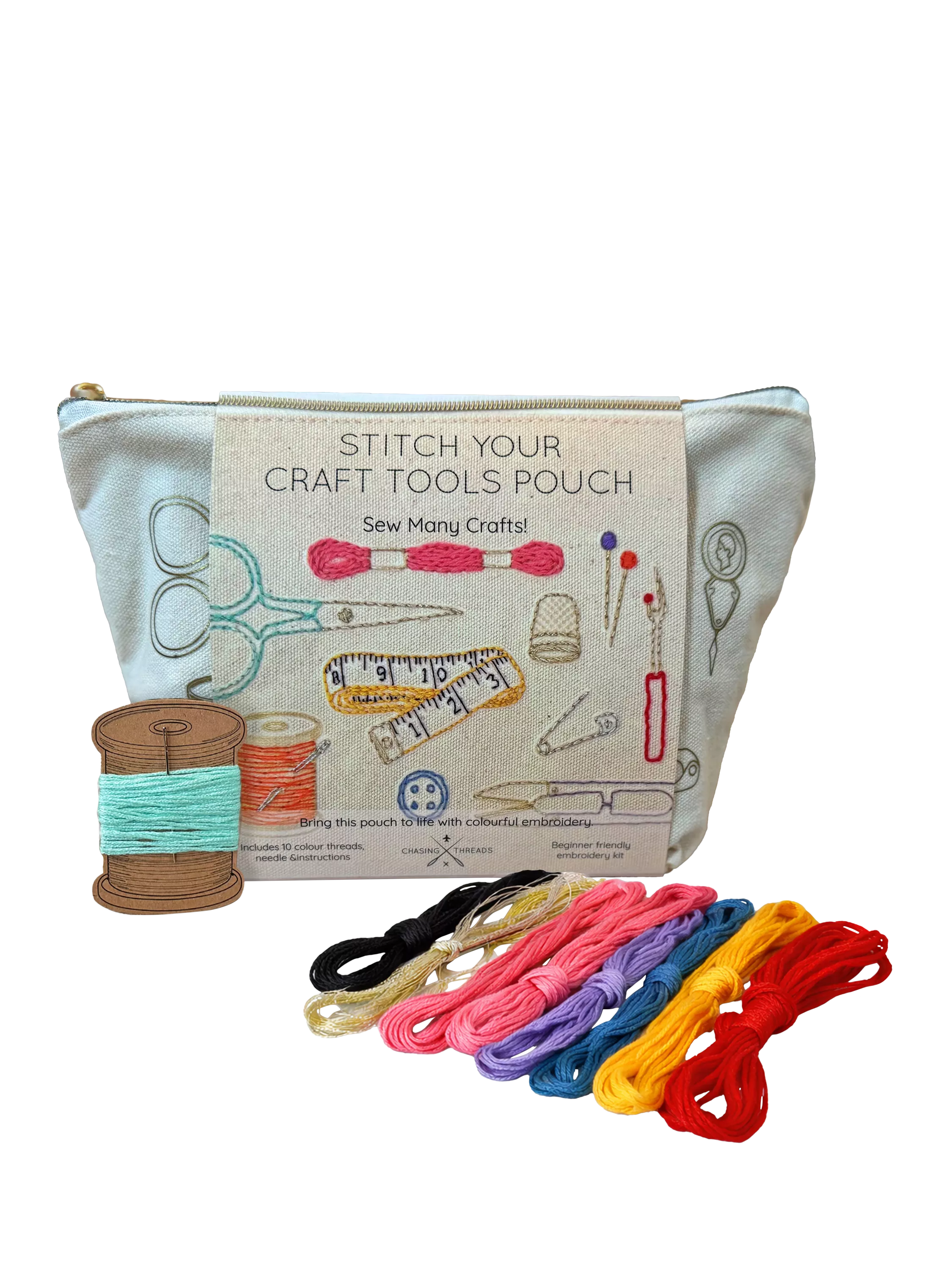 Chasing Threads embroidery kit zipped pouch beginner craft set, UK version