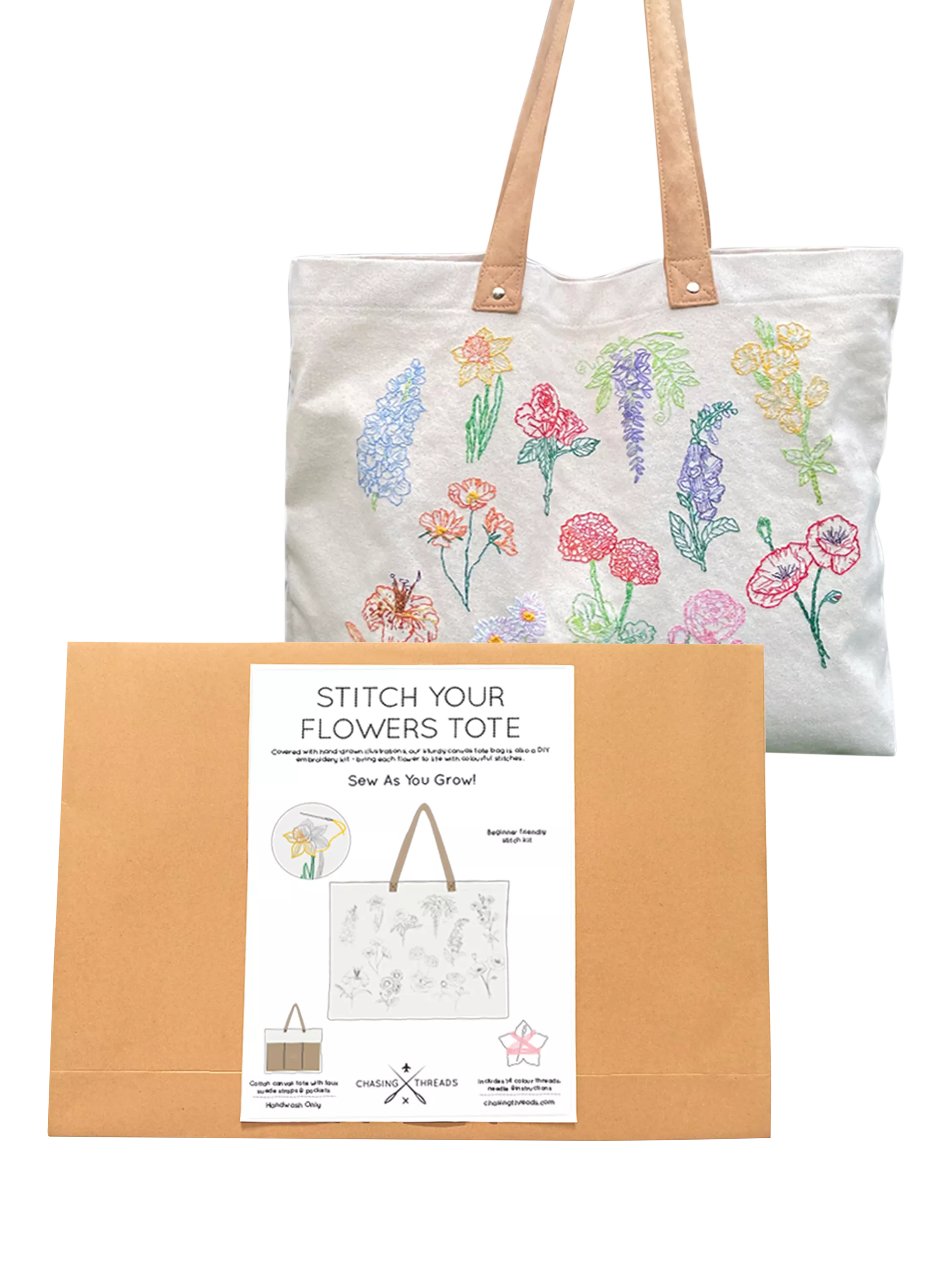 Chasing Threads flowers tote bag embroidery kit (British brand)