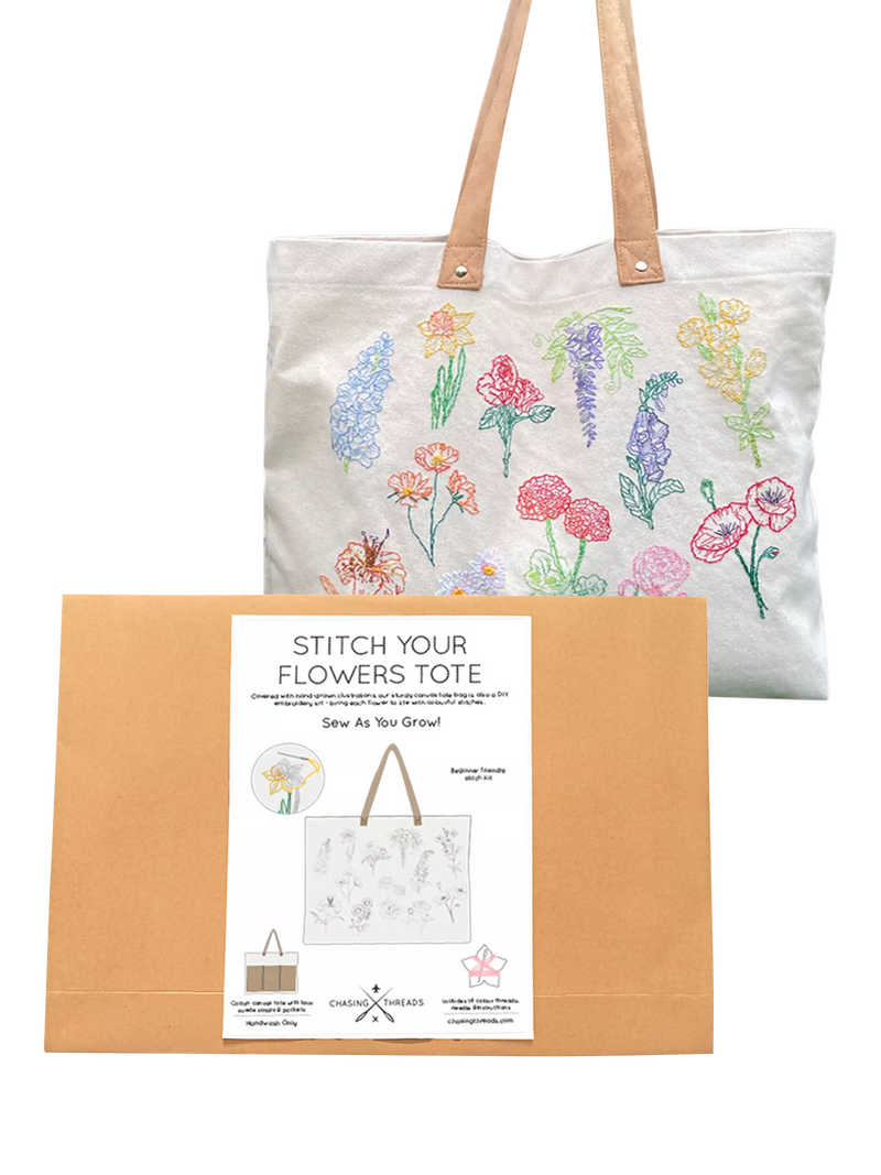 Chasing Threads flowers tote bag embroidery kit (British brand)