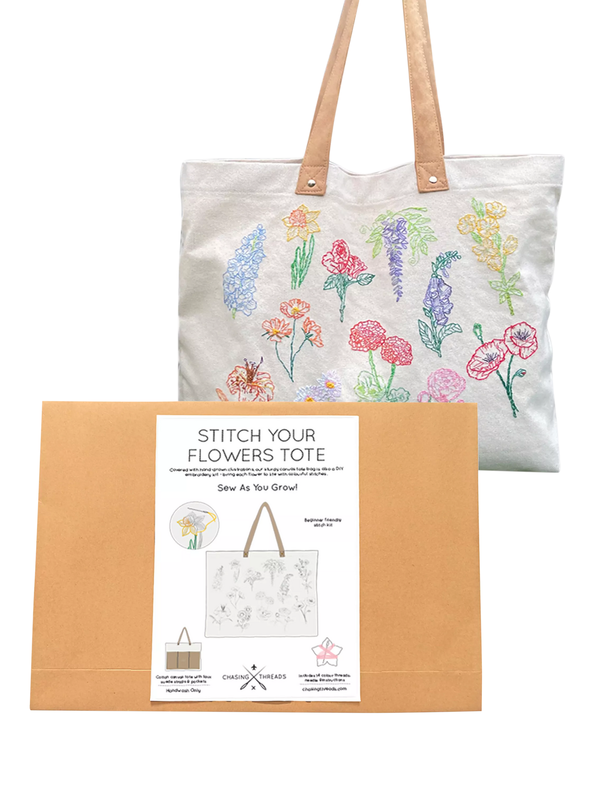 Chasing Threads flowers tote bag embroidery kit (British brand)