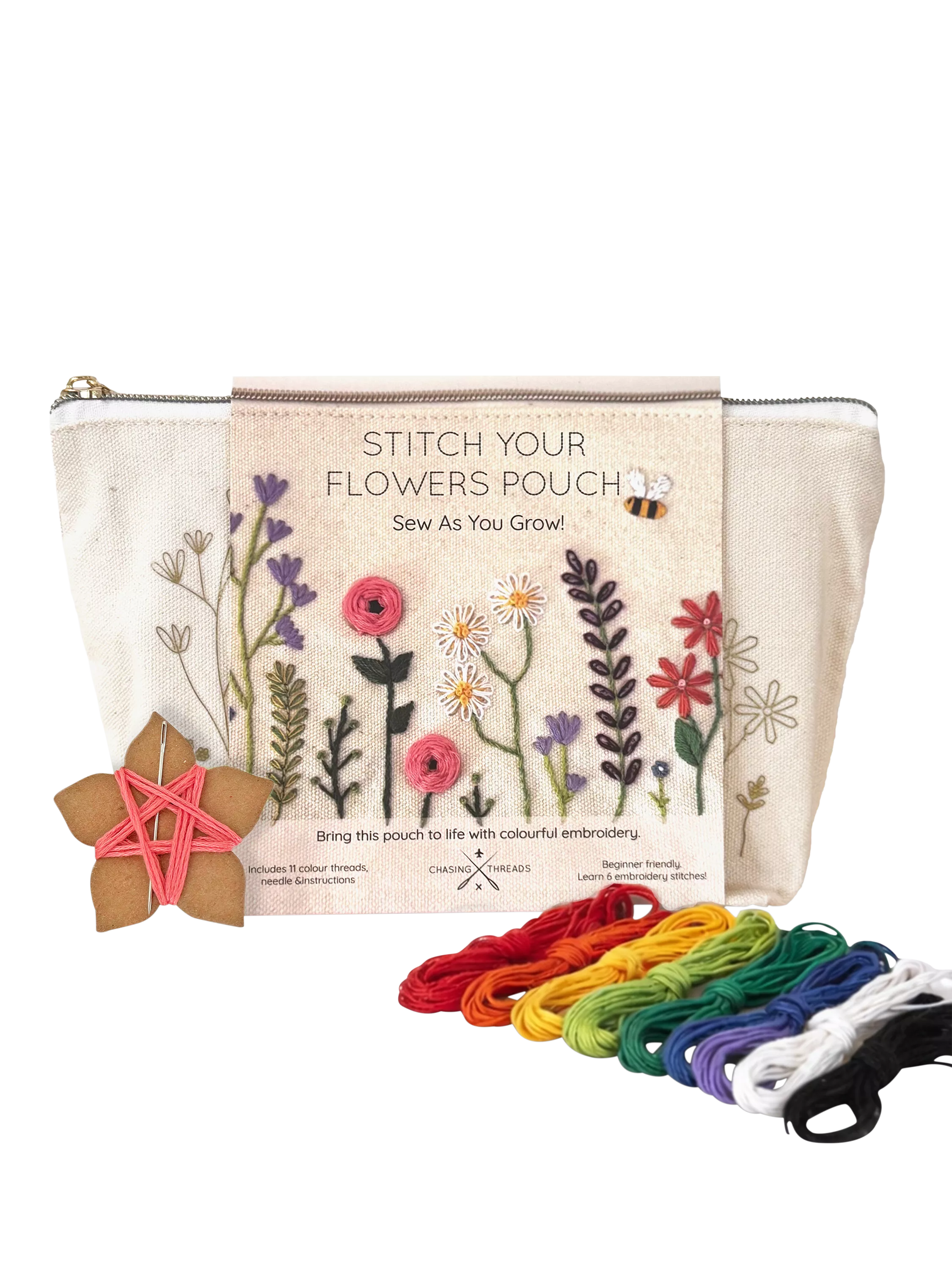 Chasing Threads Flowers Zipped Pouch embroidery kit, UK version