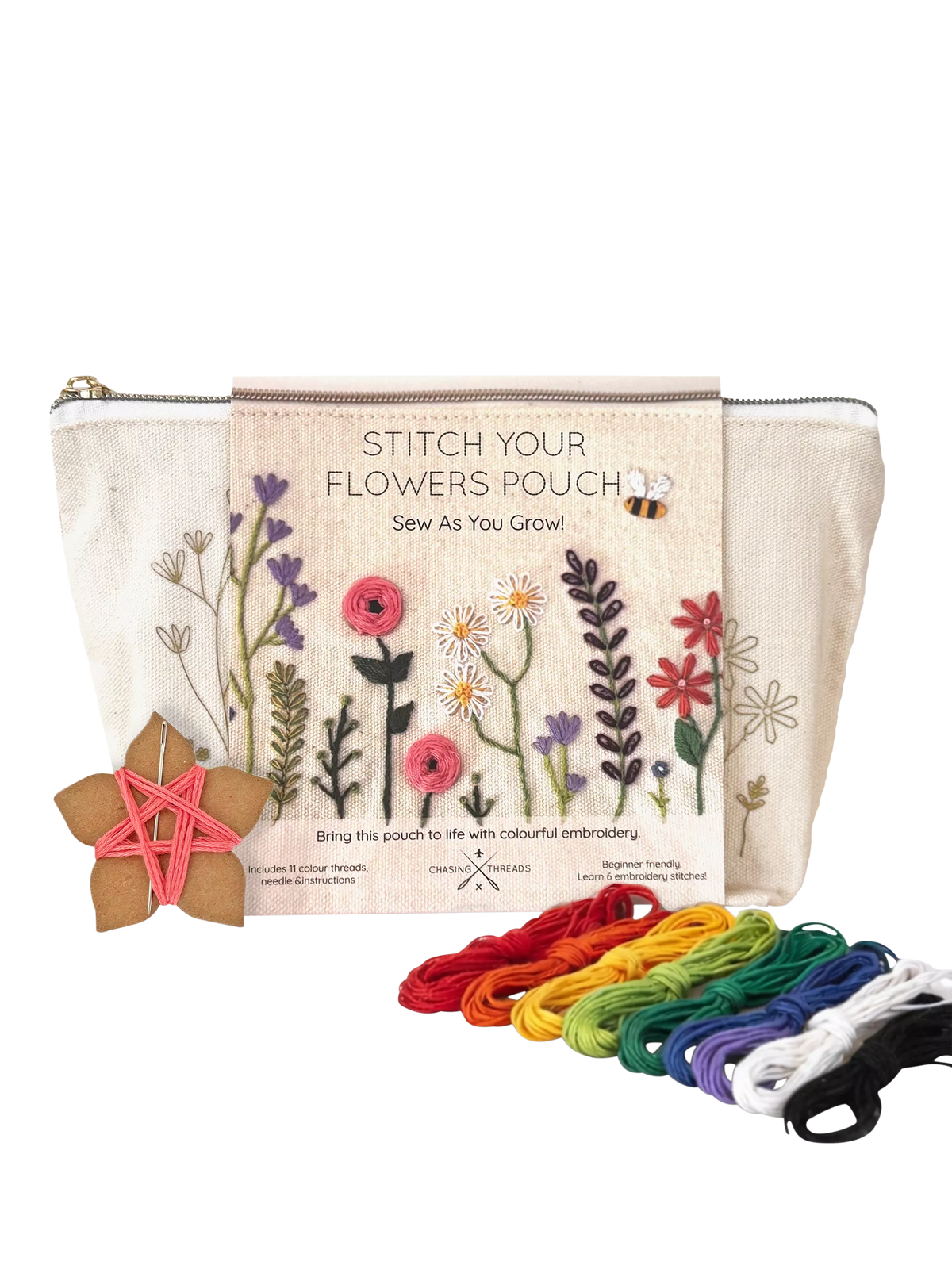 Chasing Threads Flowers Zipped Pouch embroidery kit, UK version