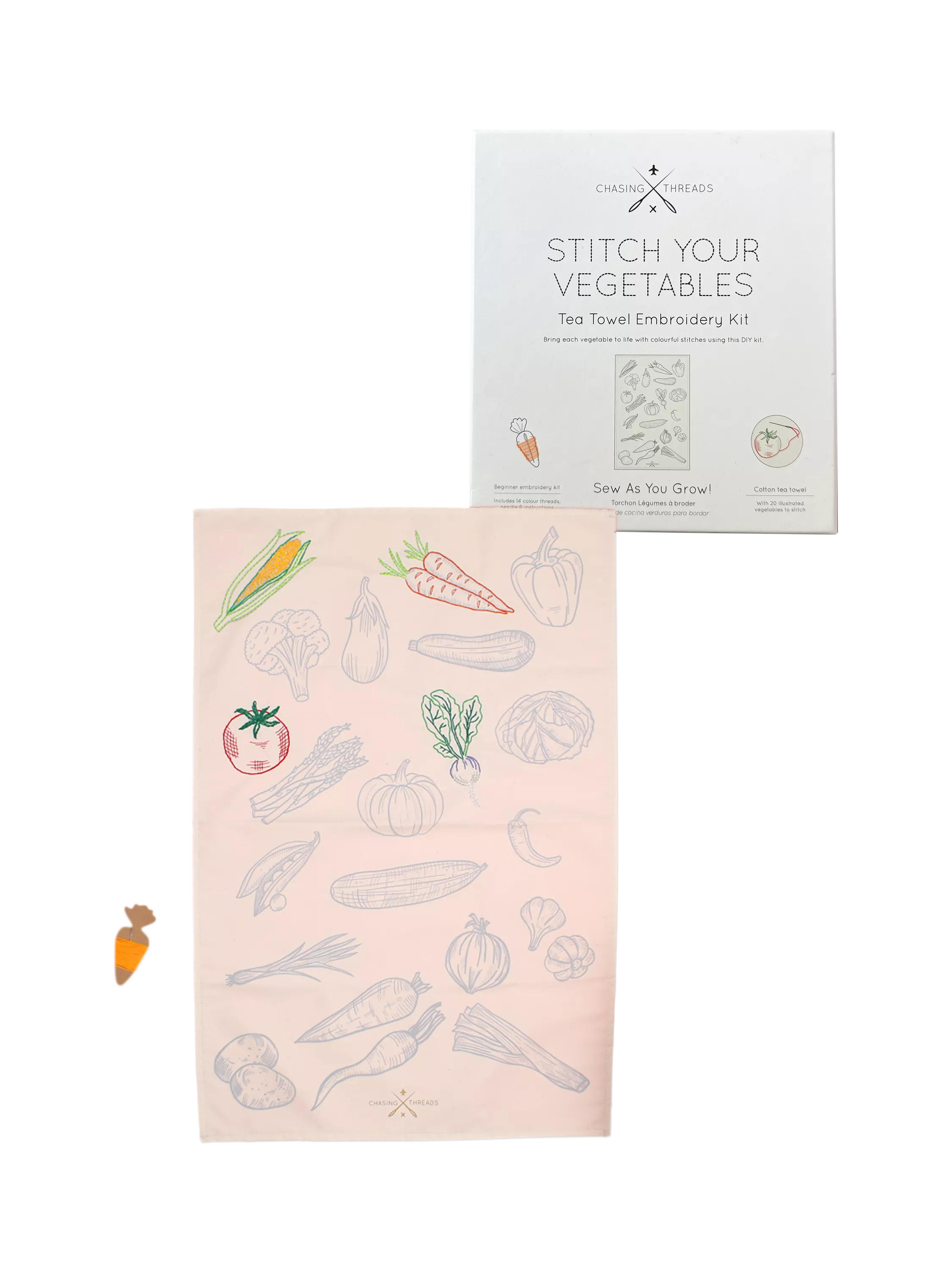 Chasing Threads veggies tea towel embroidery kit - British product