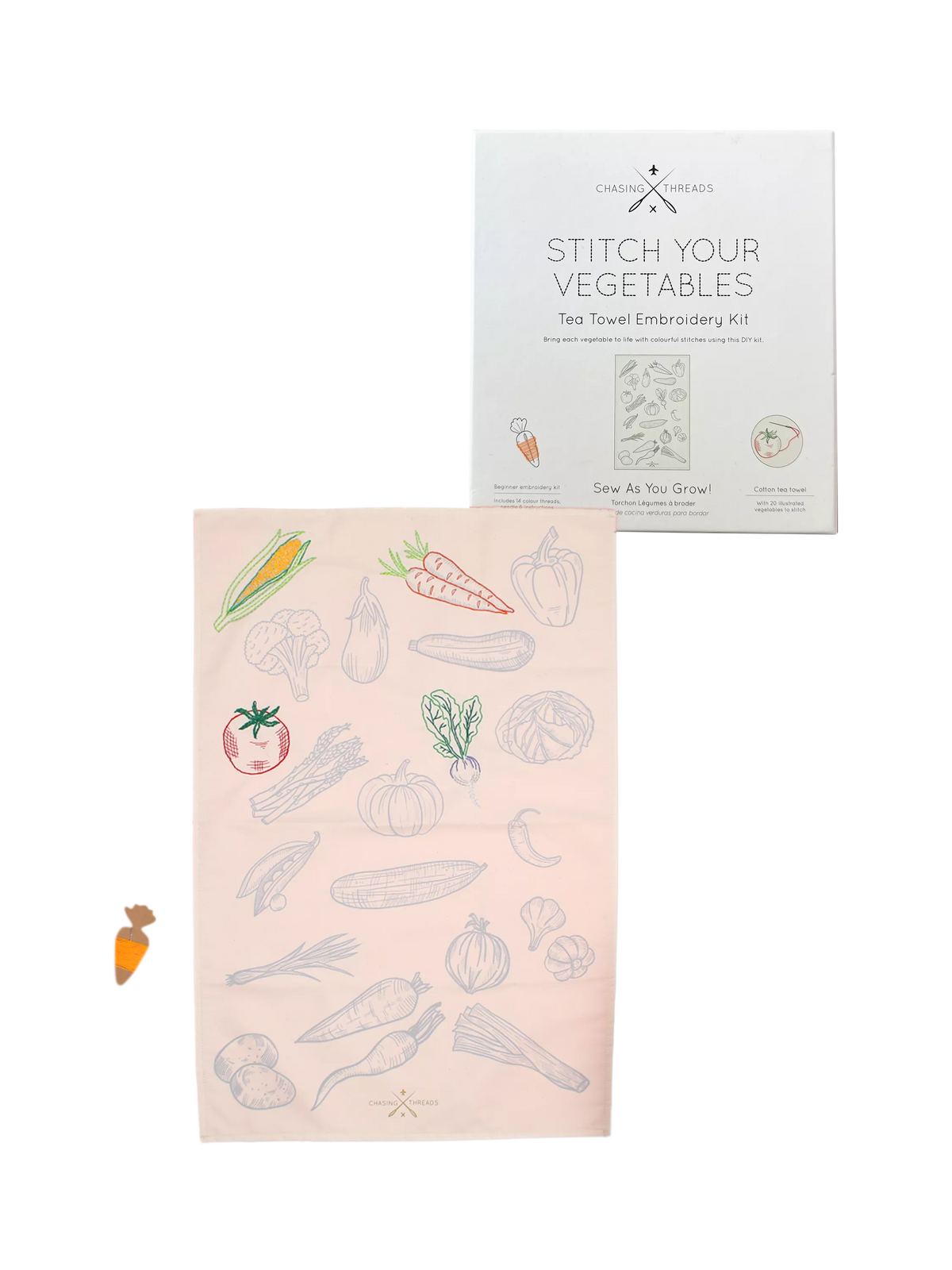 Chasing Threads veggies tea towel embroidery kit - British product