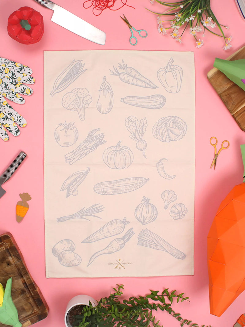 Chasing Threads veggies tea towel embroidery kit - British product