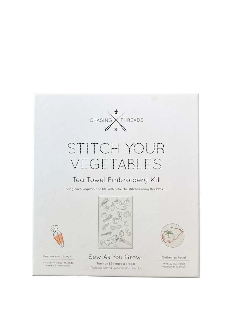 Chasing Threads veggies tea towel embroidery kit - British product