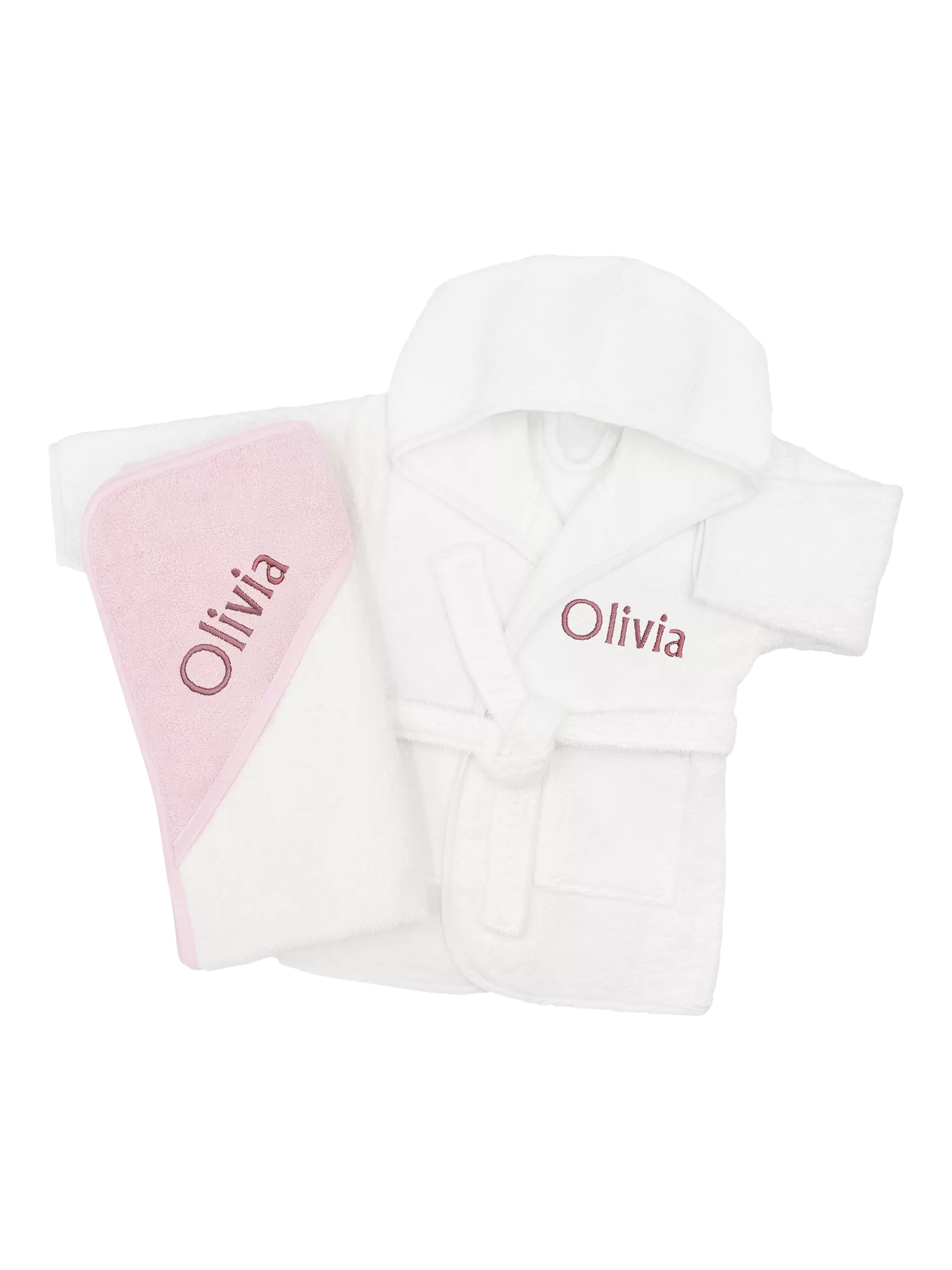 Babyblooms personalised bathrobe and towel set white pink, UK version
