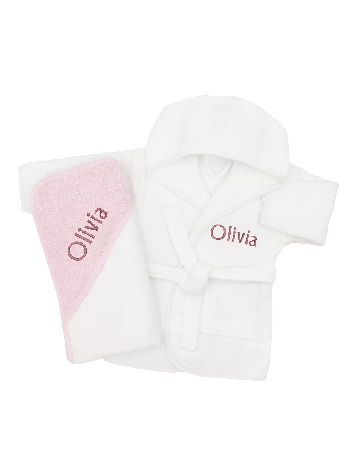 Babyblooms personalised bathrobe and towel set white pink, UK version
