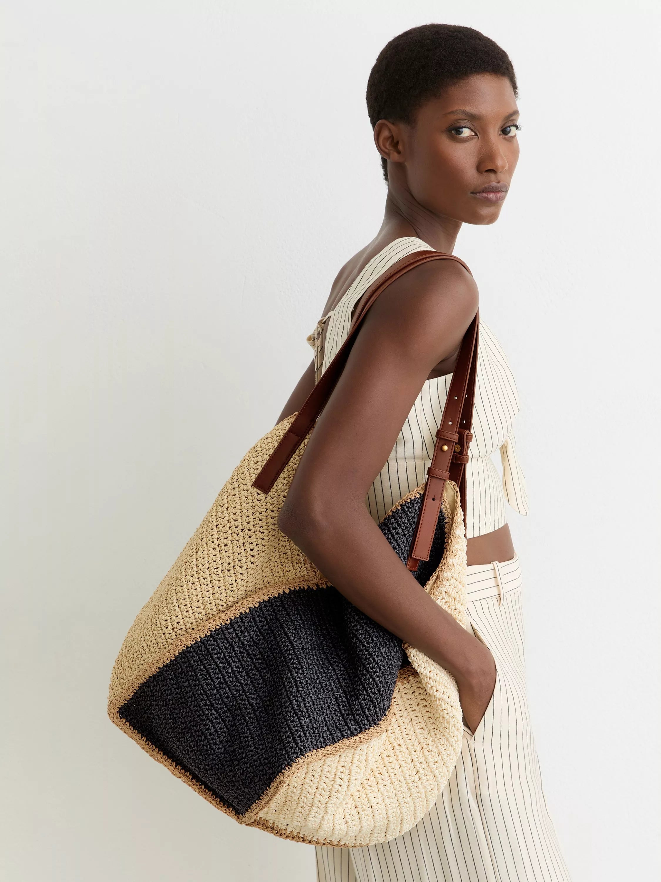 Reiss Farrah raffia effect tote bag navy, imported from the UK