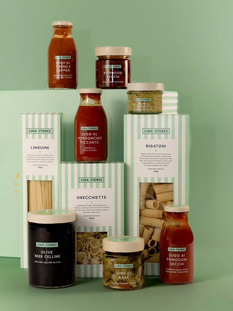 Lina Stores La Pasta Hamper with artisanal pasta and sauces, UK version