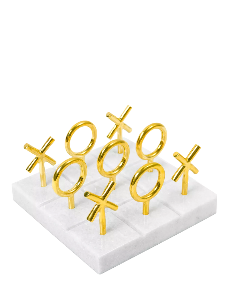 Jonathan Adler tic-tac-toe set marble base brass pieces, imported from the UK