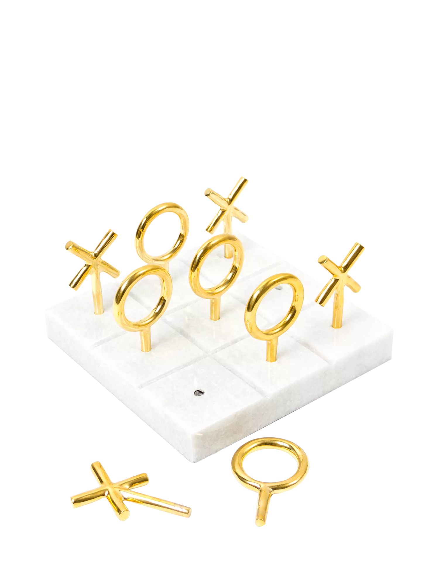 Jonathan Adler tic-tac-toe set marble base brass pieces, imported from the UK