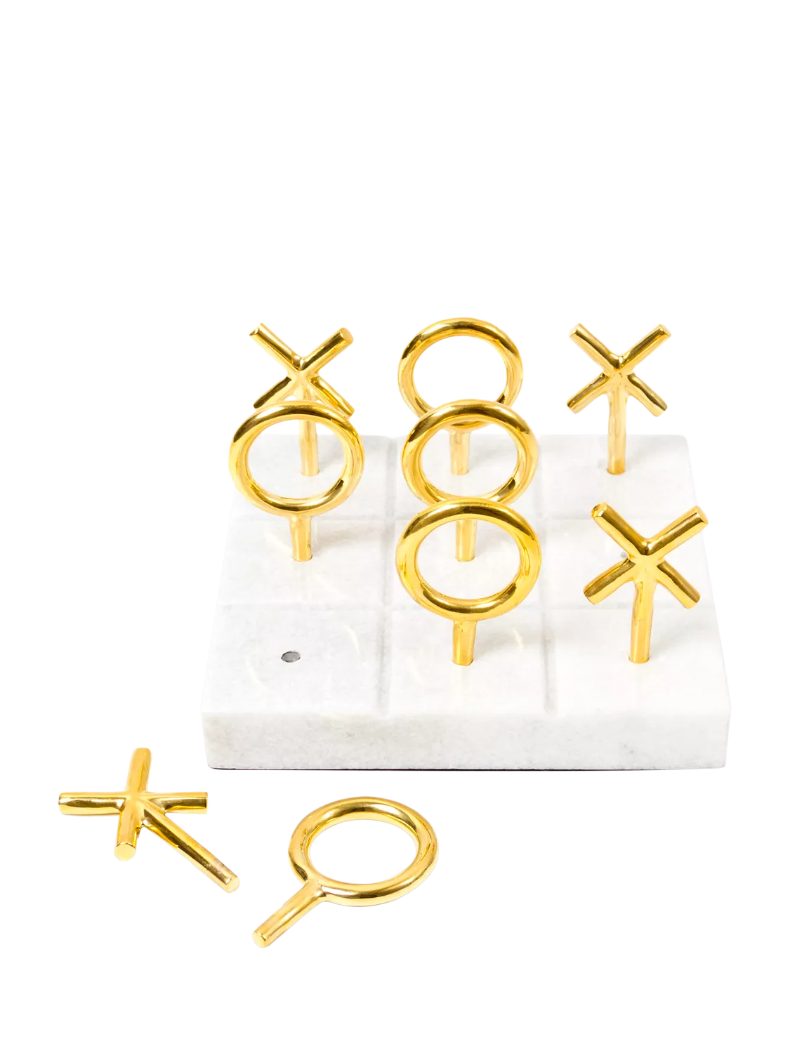 Jonathan Adler tic-tac-toe set marble base brass pieces, imported from the UK