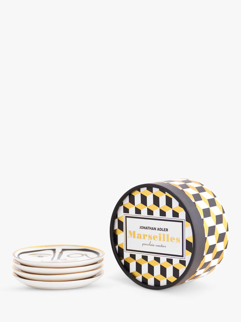Jonathan Adler porcelain coasters set of 4 black gold, imported from the UK