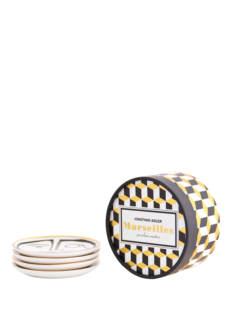 Jonathan Adler porcelain coasters set of 4 black gold, imported from the UK
