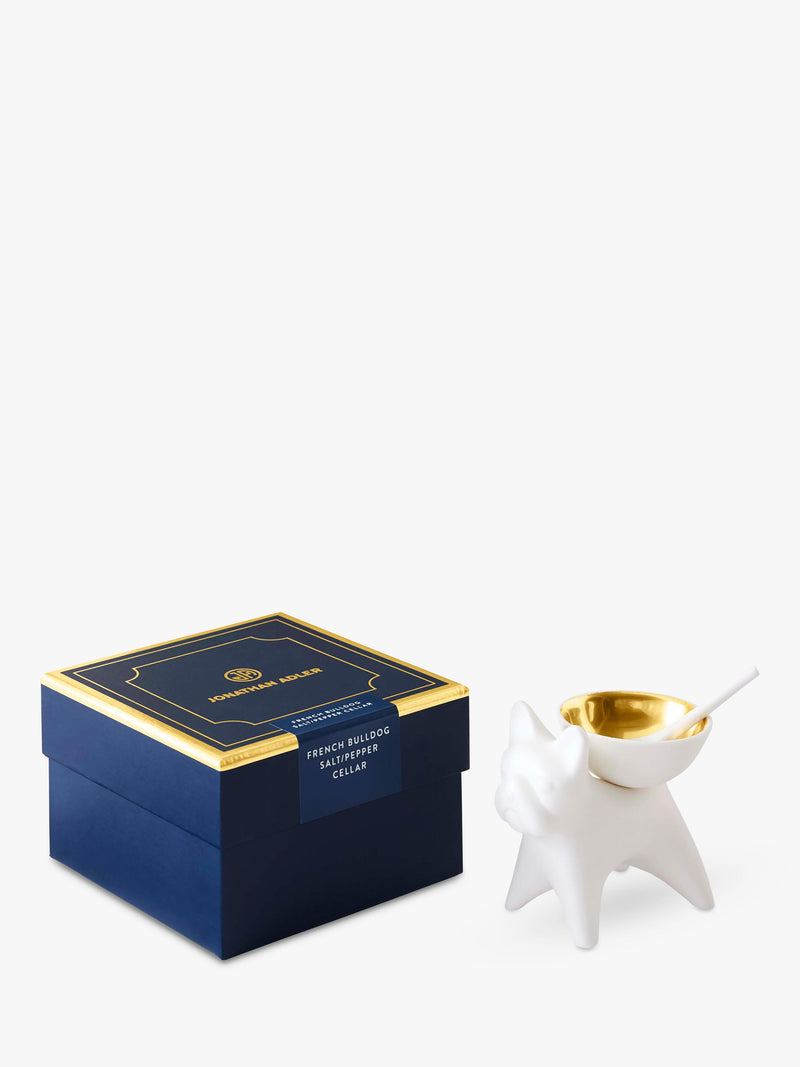 Jonathan Adler French Bulldog salt cellar gold white porcelain - UK version