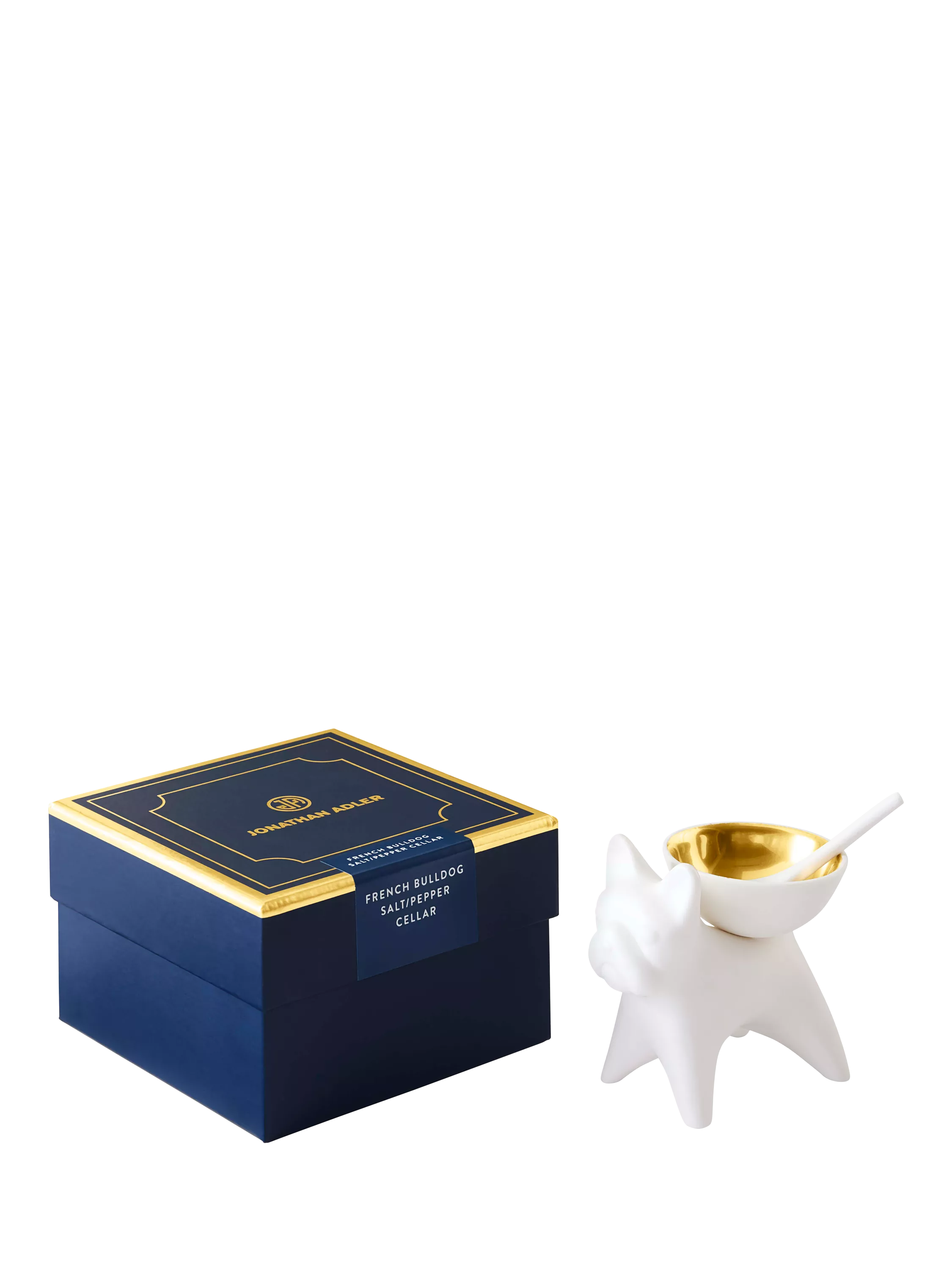 Jonathan Adler French Bulldog salt cellar gold white porcelain - UK version