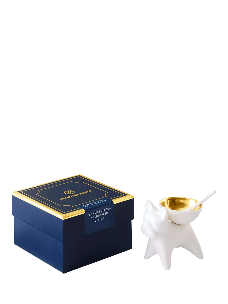 Jonathan Adler French Bulldog salt cellar gold white porcelain - UK version