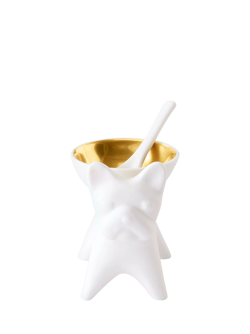 Jonathan Adler French Bulldog salt cellar gold white porcelain - UK version