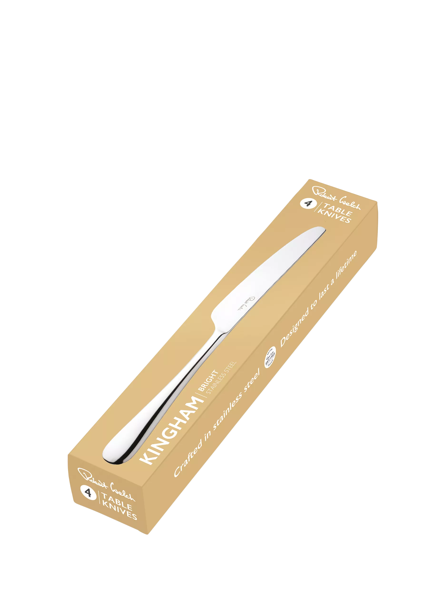 Robert Welch Kingham Bright stainless steel table knives set of 4, imported from the UK