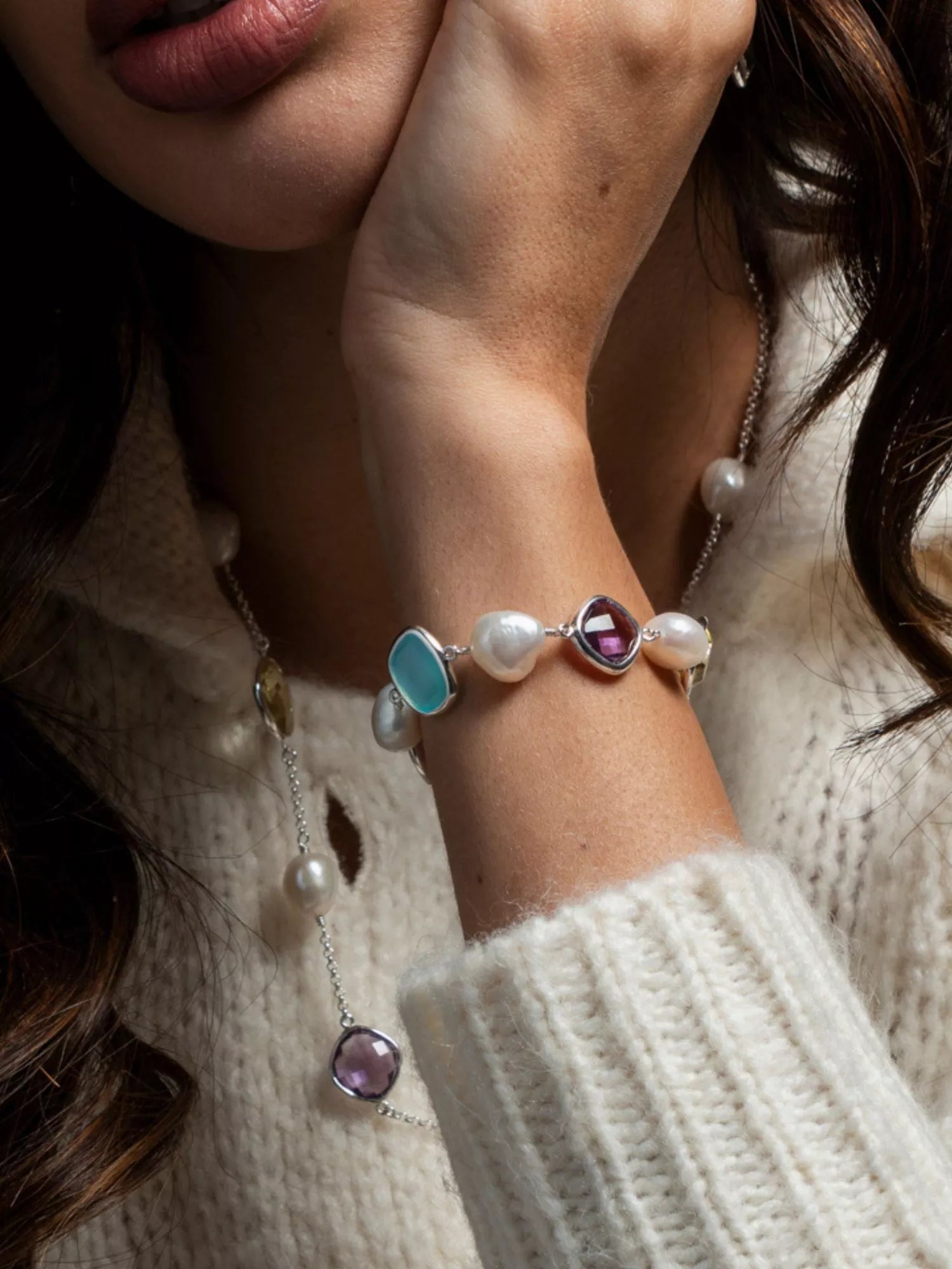 Dower & Hall multi pearl gemstone pebble bracelet sterling silver, UK version