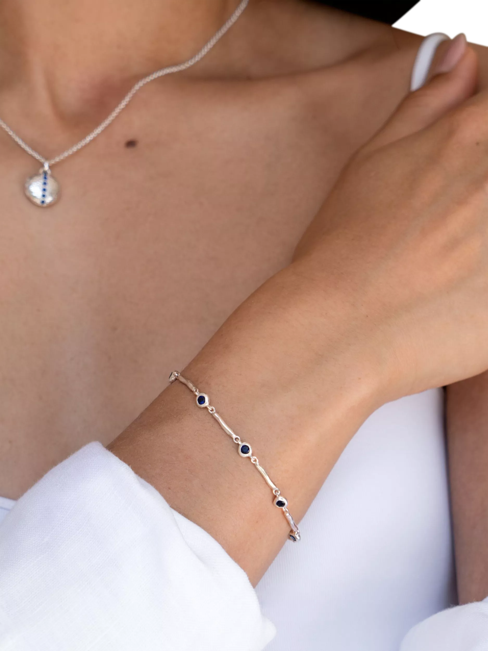Dower & Hall sterling silver sapphire bracelet 18.5cm, imported from the UK