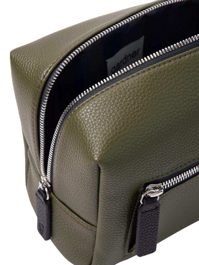 Caroline Gardner large slim wash bag in khaki (British brand)