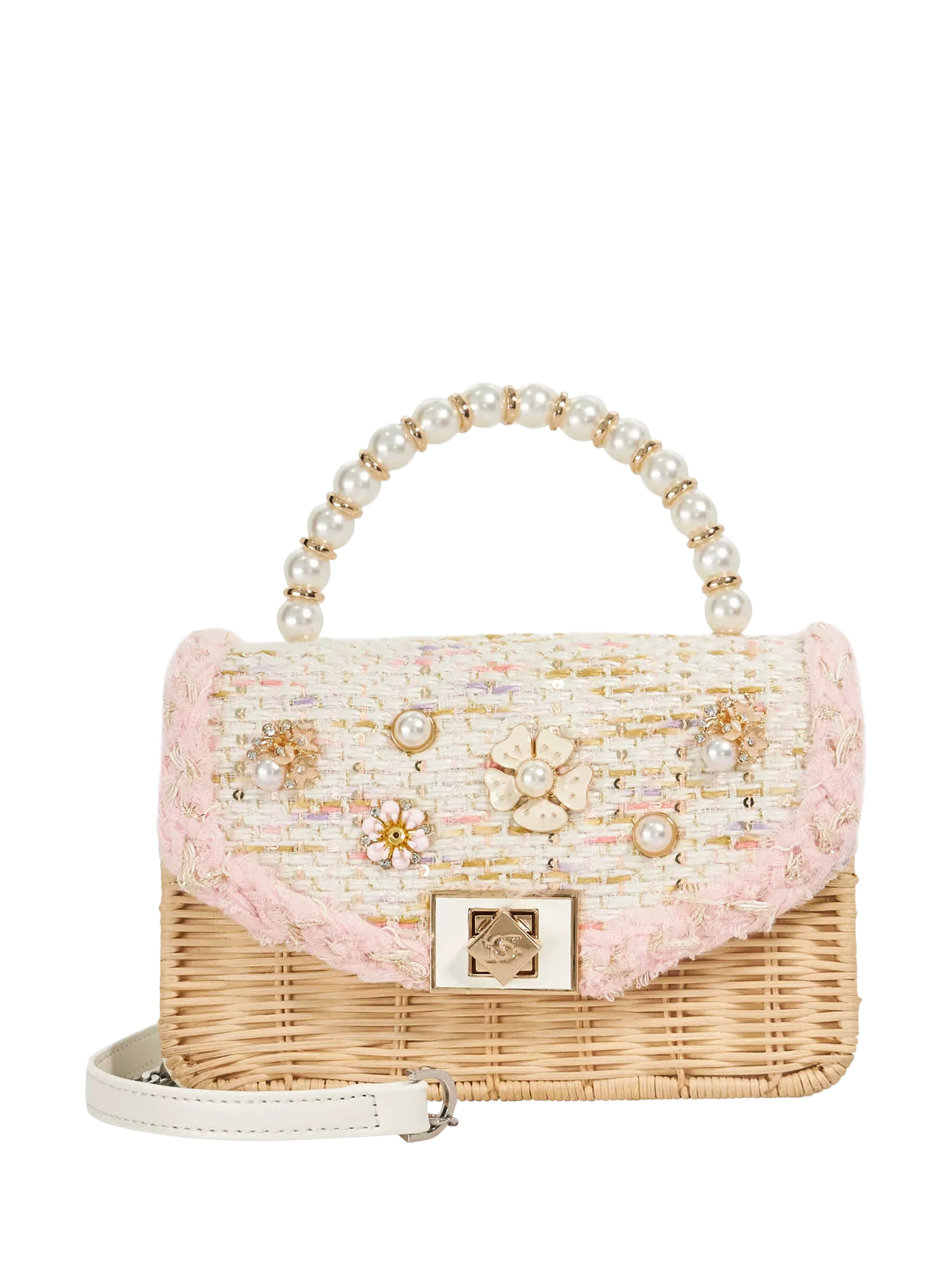 Dune London Blooms Rattan Grab Bag evening bag in brown and pink - British brand