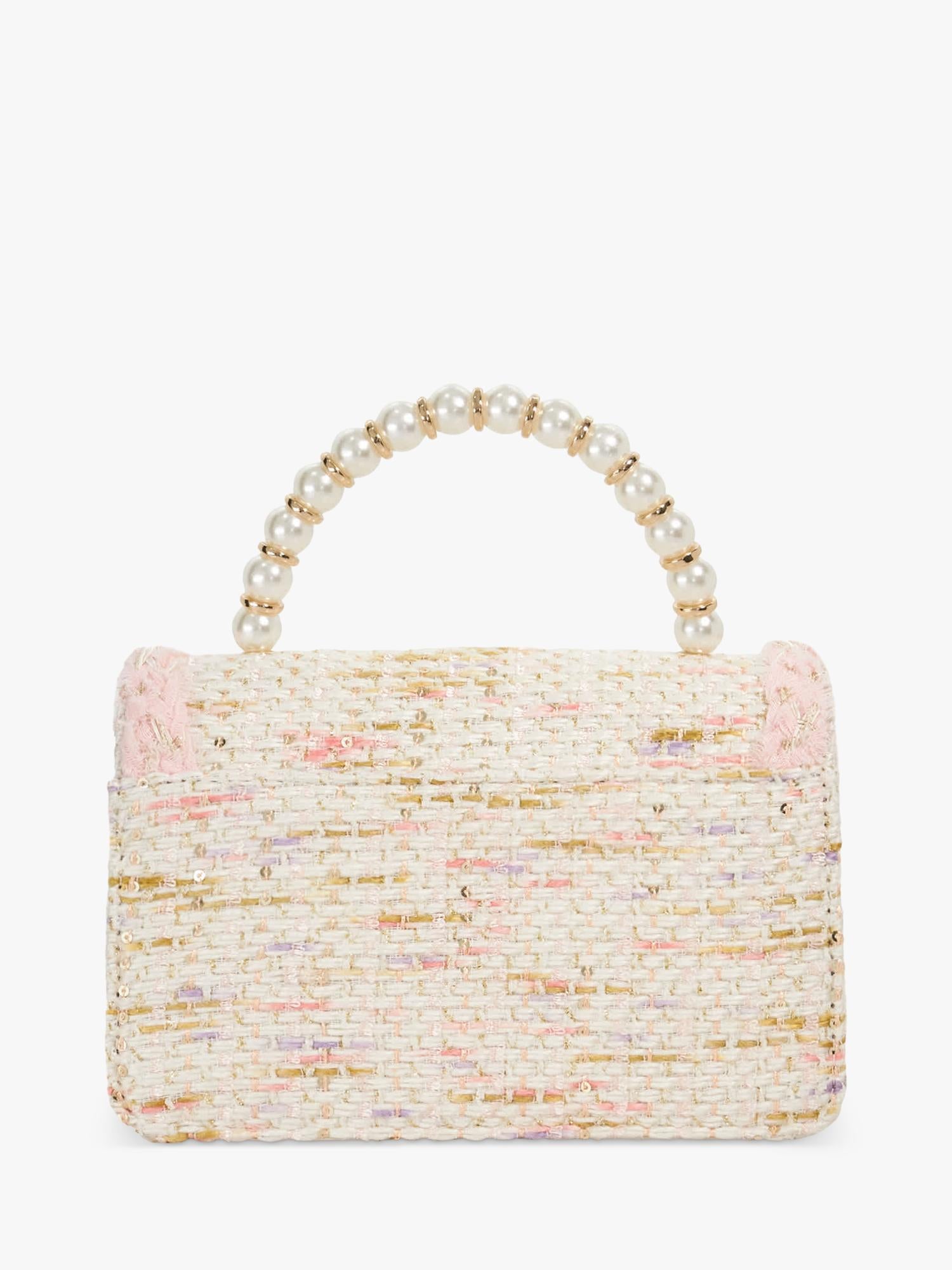 Dune London Blooms Rattan Grab Bag evening bag in brown and pink - British brand