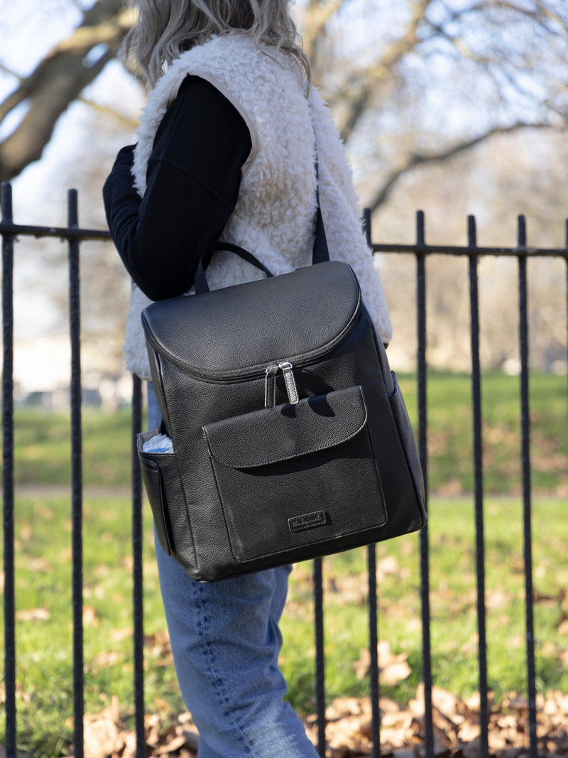 Storksak vegan leather convertible changing backpack in black (British brand)