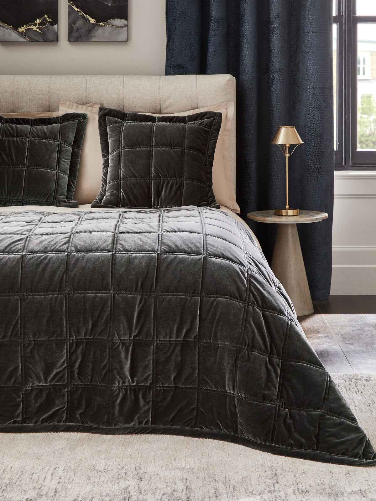 Charcoal grey quilted lustre velvet bedspread, imported from the UK