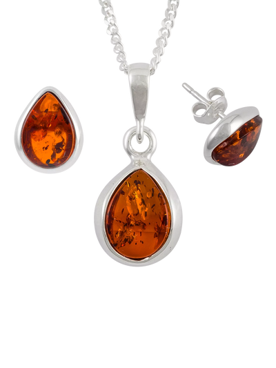 John Lewis Be-Jewelled Tear Drop Baltic Amber Jewellery Set, Silver/Cognac- Buy online at McGrocer
