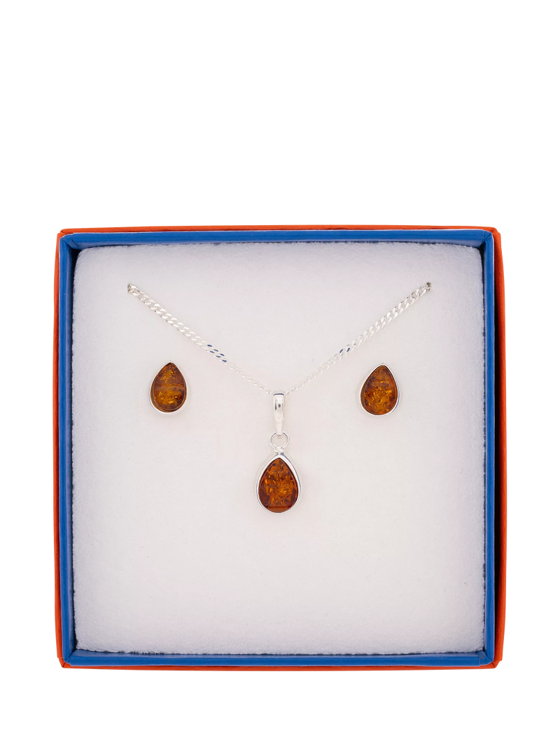 Be-Jewelled Tear Drop Baltic Amber jewellery set, imported from the UK
