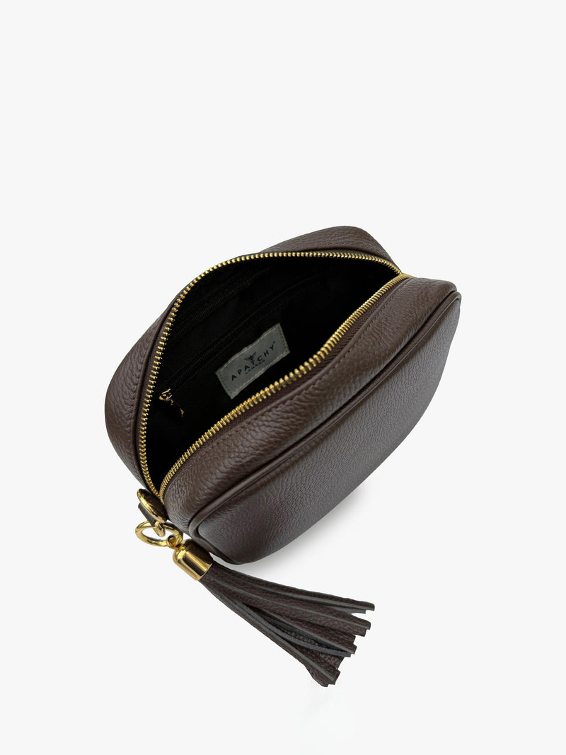 Apatchy London tassel leather crossbody bag with teal strap (British brand)