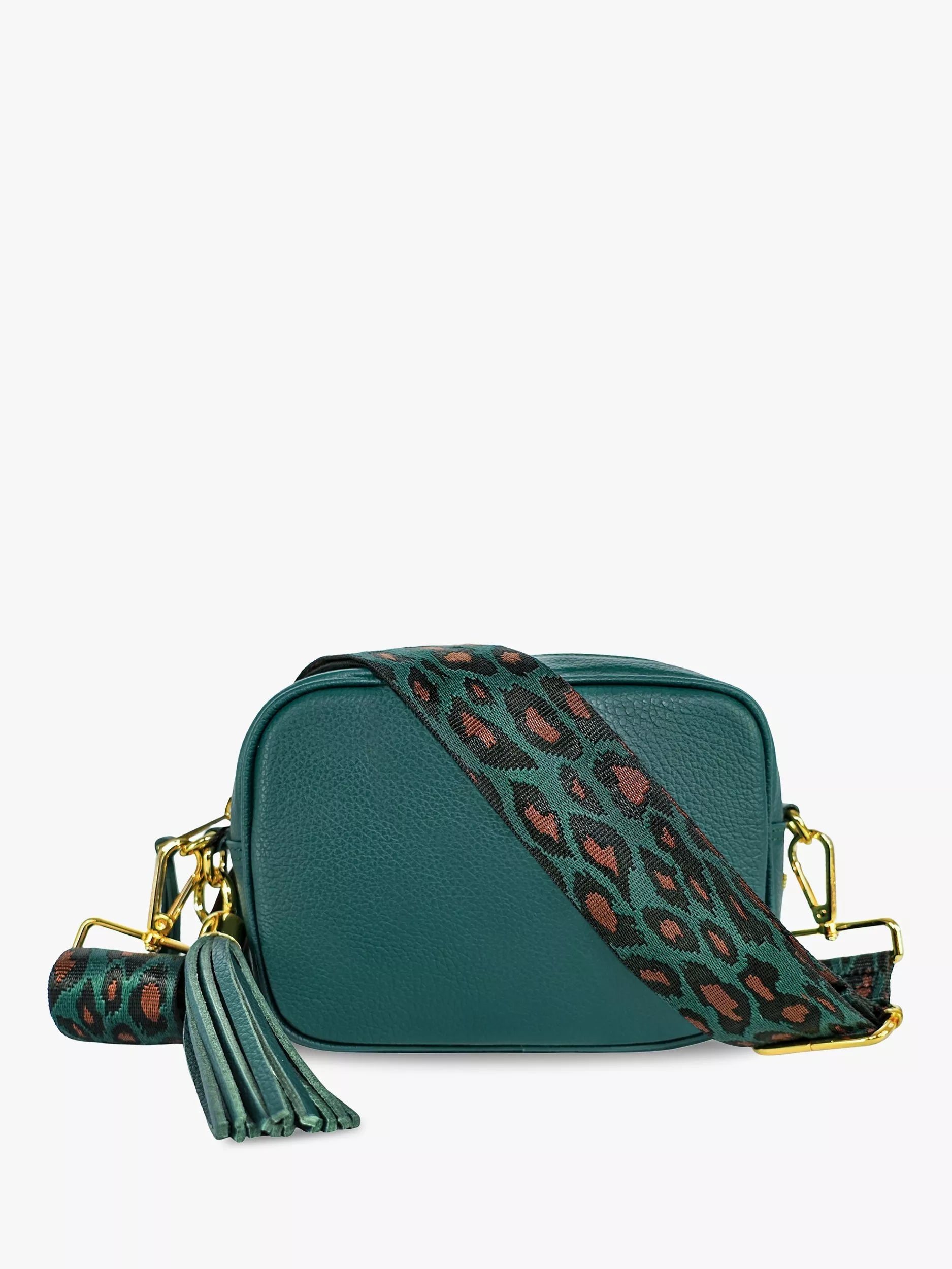 Apatchy London Tassel Leather Crossbody Bag with Teal Cheetah Strap
