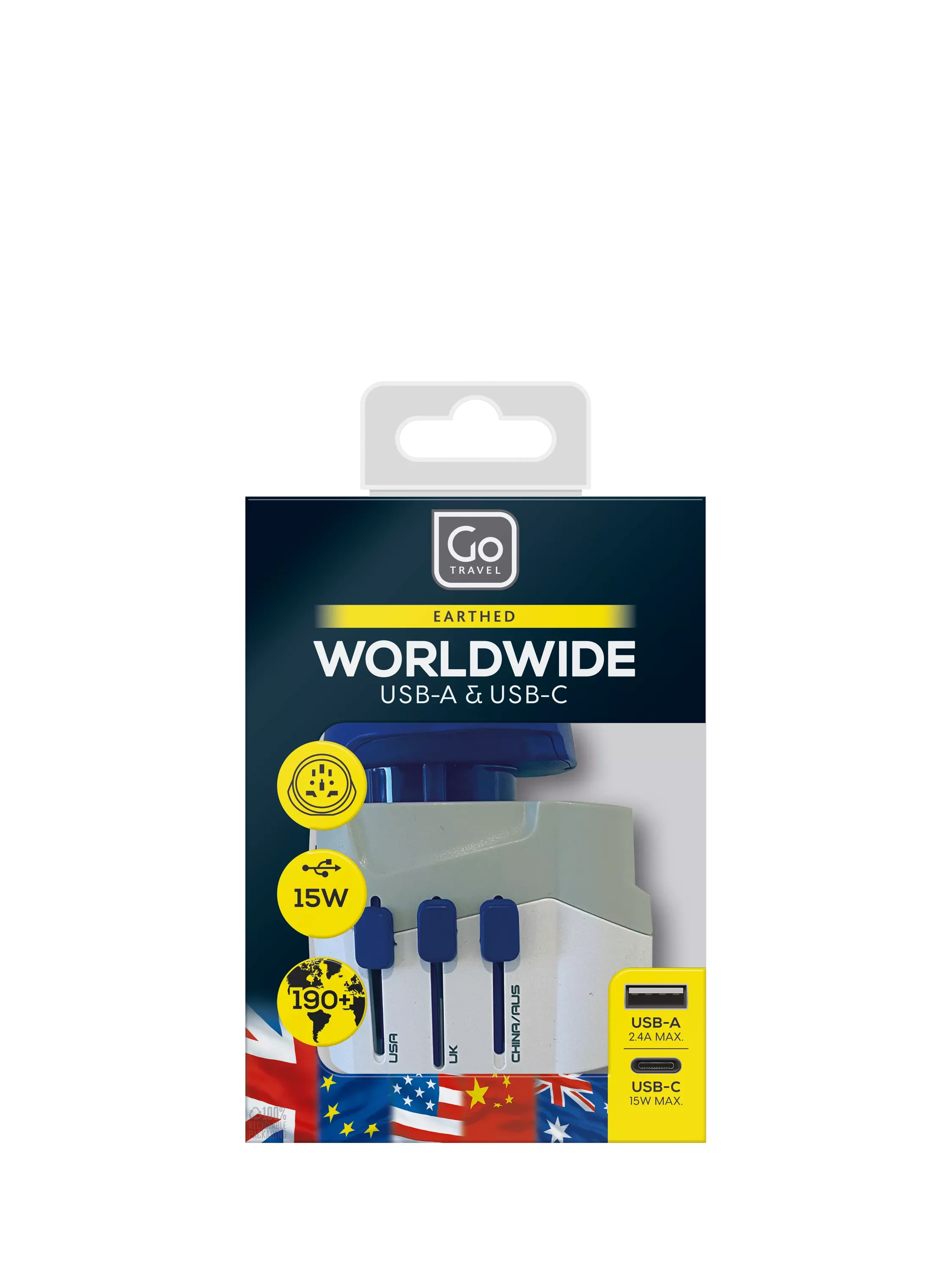 Go Travel USB-A and USB-C travel adapter, imported from the UK
