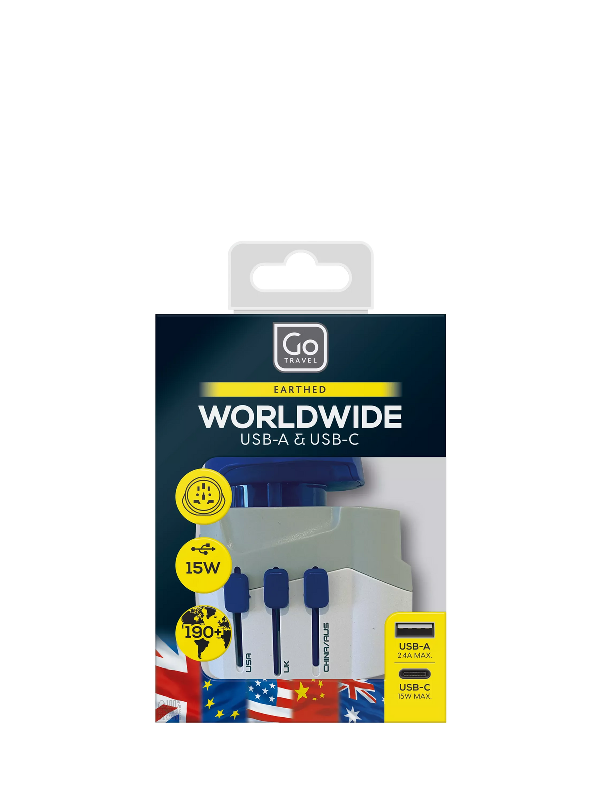 Go Travel USB-A and USB-C travel adapter, imported from the UK