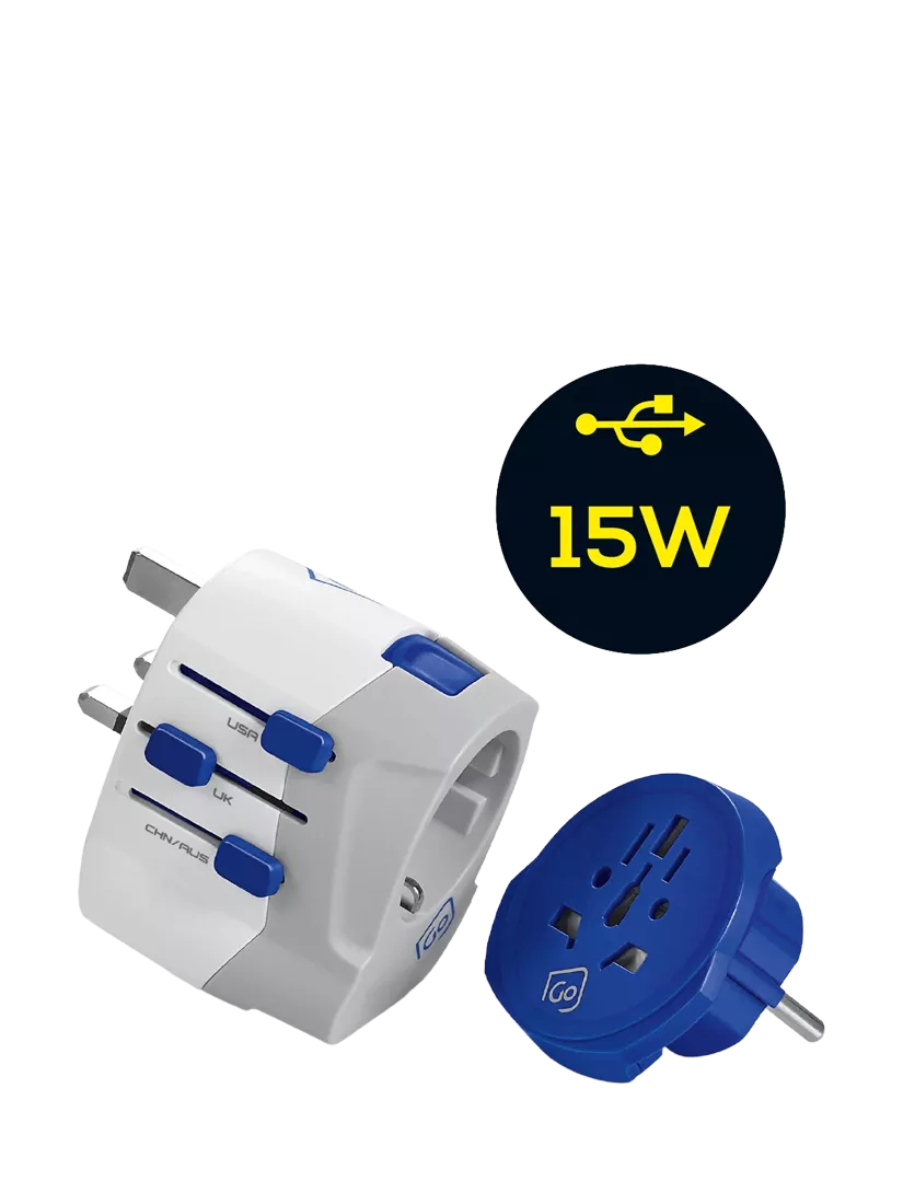 Go Travel USB-A and USB-C travel adapter, imported from the UK