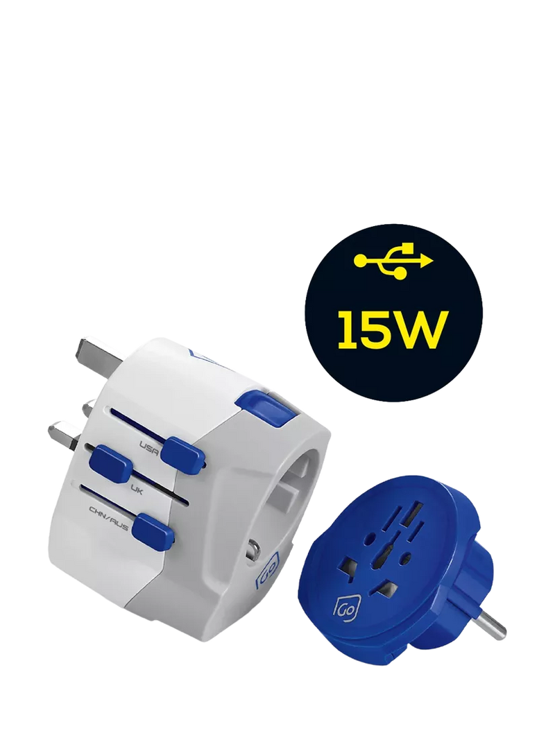Go Travel USB-A and USB-C travel adapter, imported from the UK