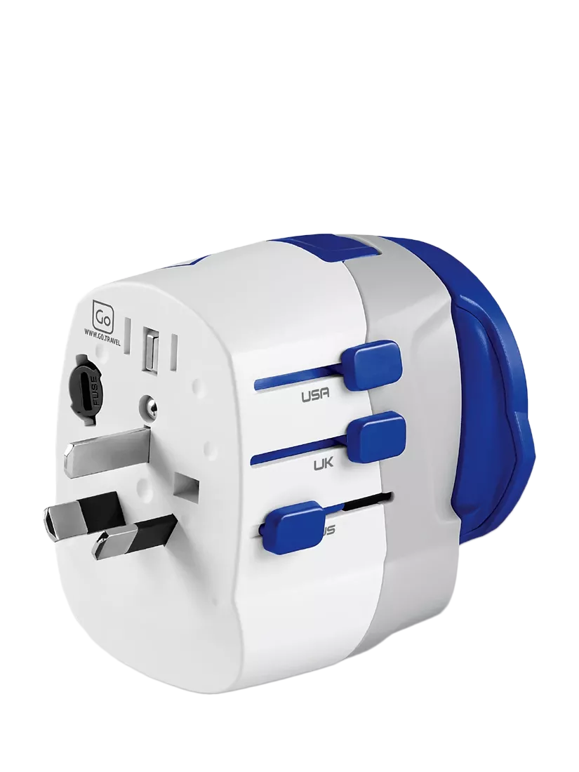 Go Travel USB-A and USB-C travel adapter, imported from the UK