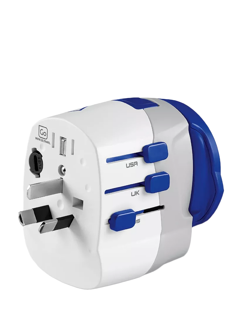 Go Travel USB-A and USB-C travel adapter, imported from the UK