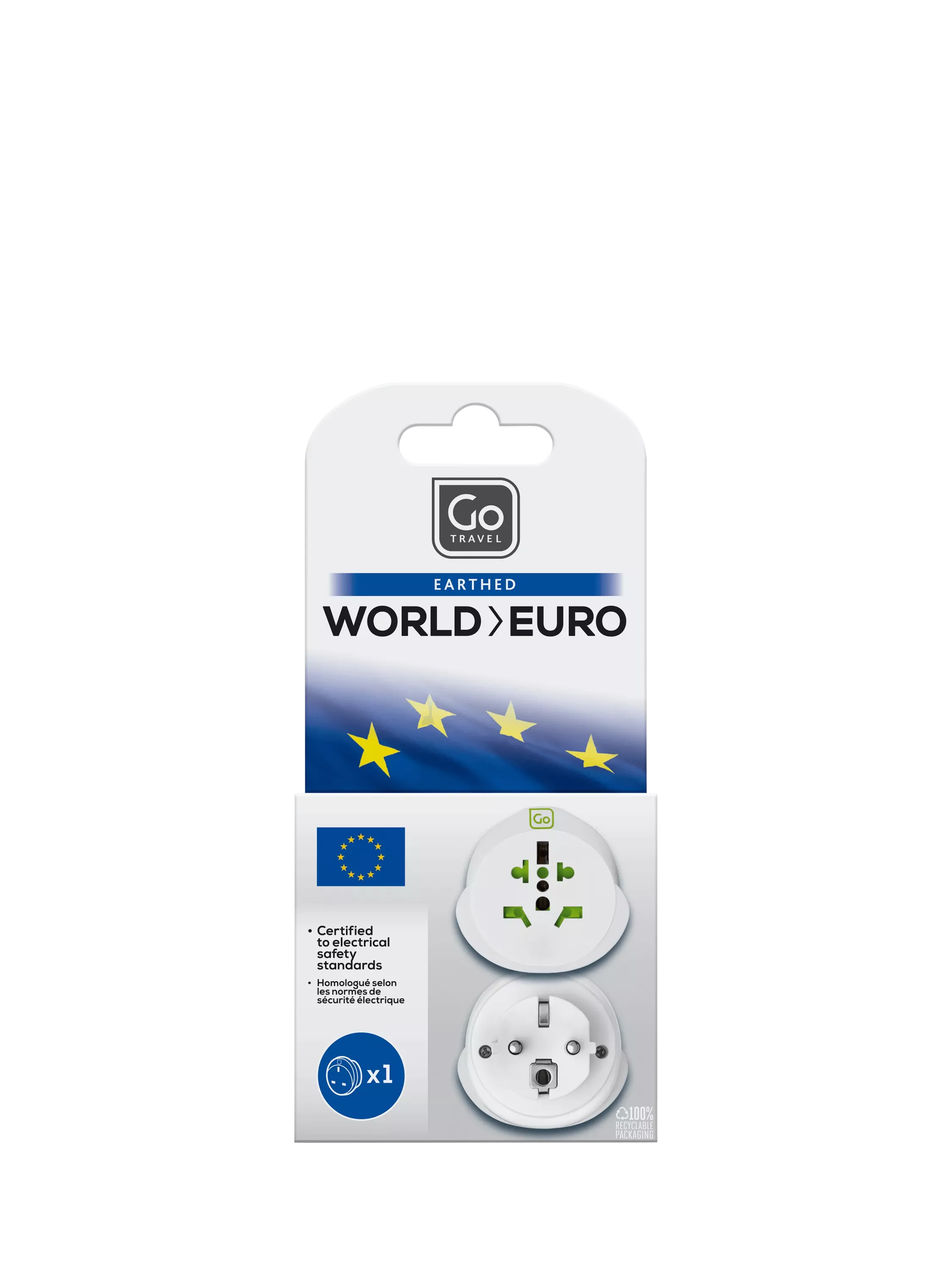 Go Travel Europe travel adapter compact lightweight earthed certified, imported from the UK