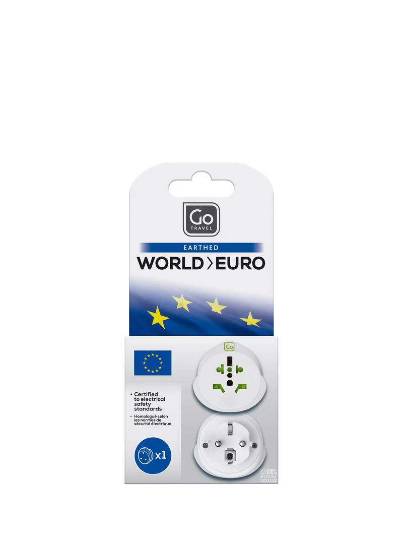 Go Travel Europe travel adapter compact lightweight earthed certified, imported from the UK