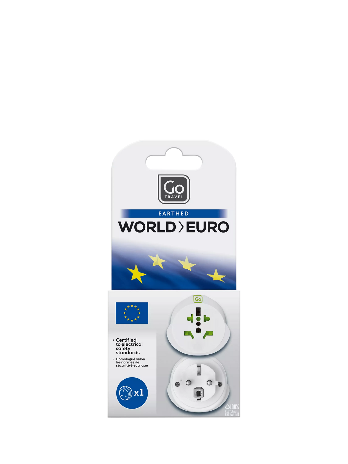 Go Travel Europe travel adapter compact lightweight earthed certified, imported from the UK