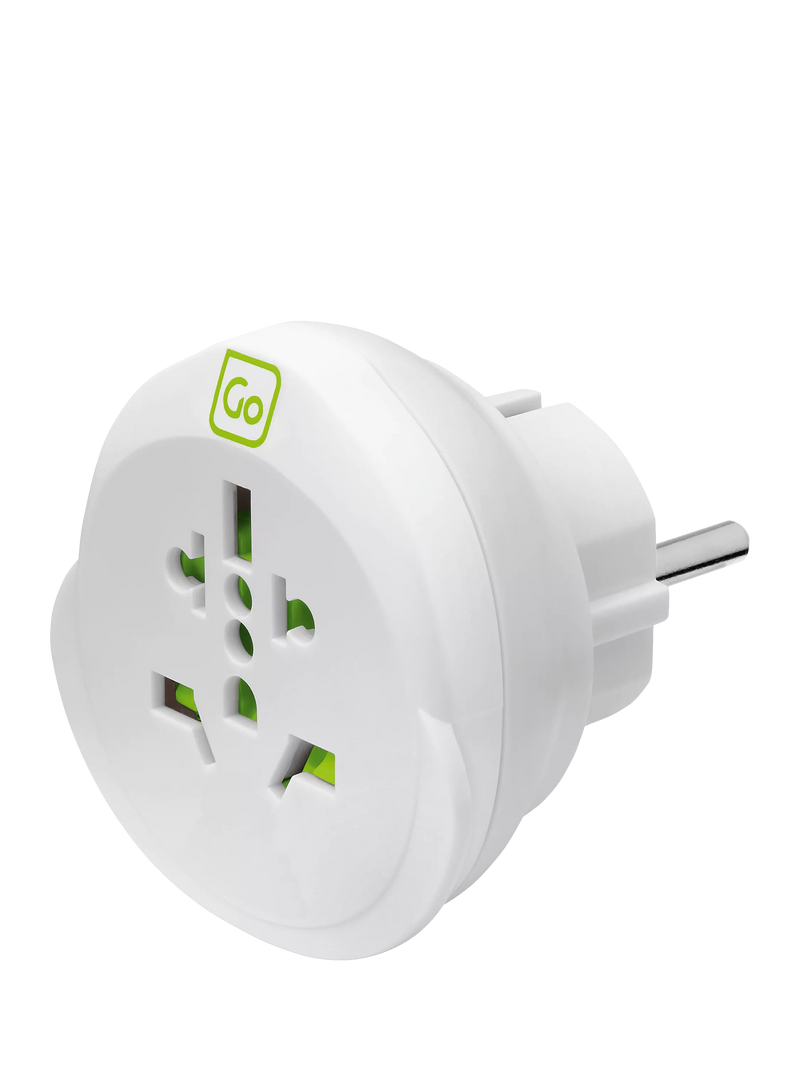 Go Travel Europe travel adapter compact lightweight earthed certified, imported from the UK