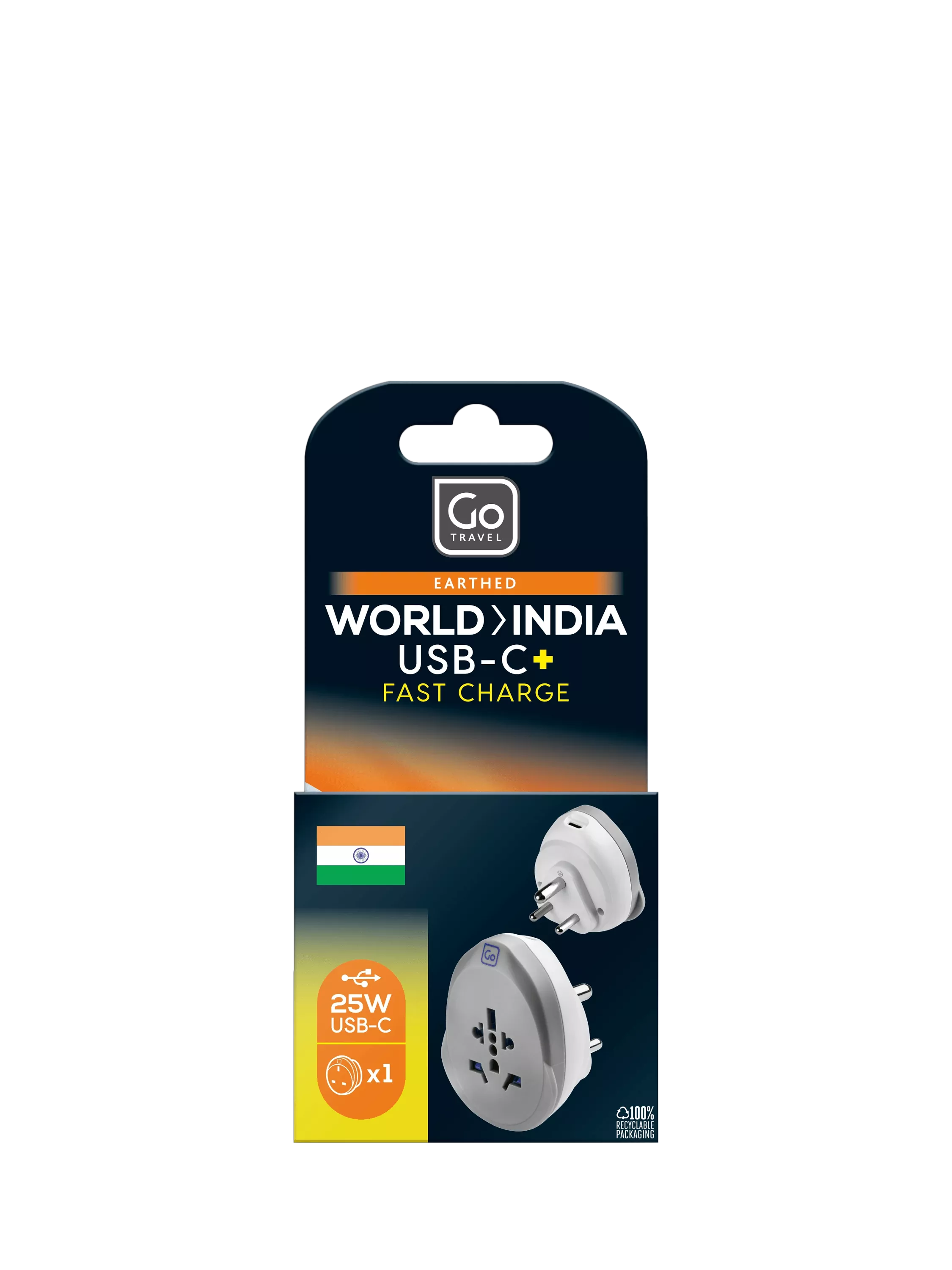 Go Travel India USB-C charger adapter compact design, imported from the UK