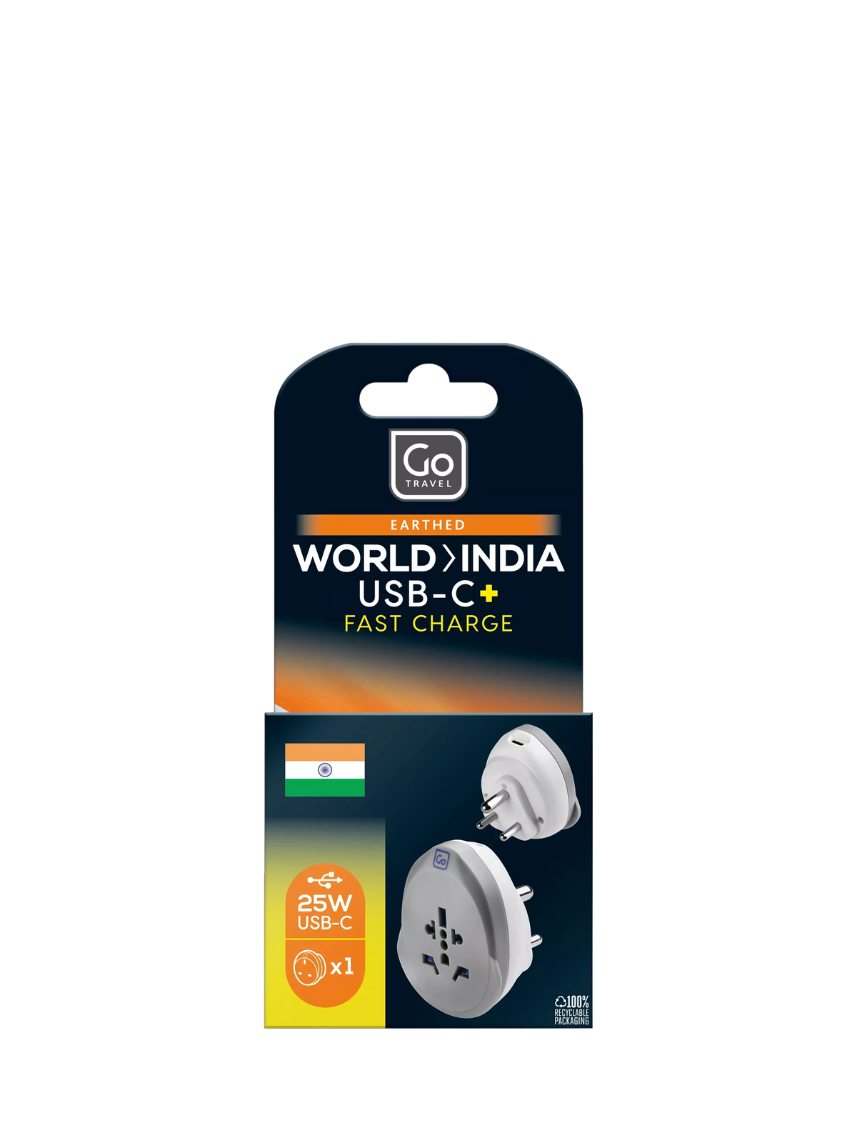 Go Travel India USB-C charger adapter compact design, imported from the UK