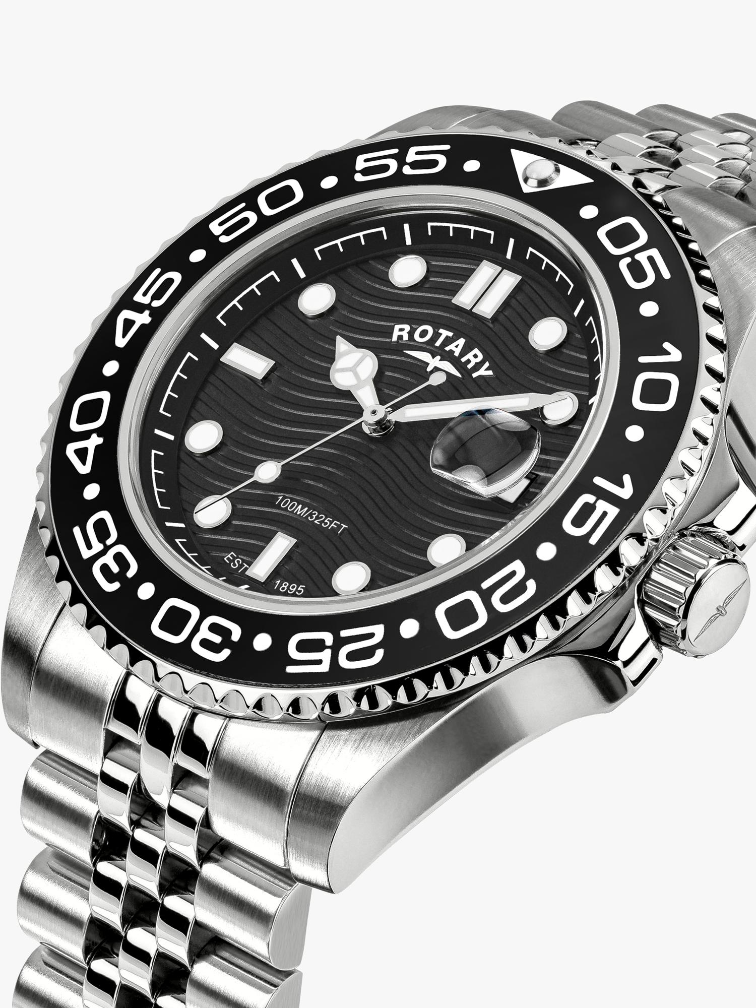 Rotary APEX100 men's watch silver bracelet black dial, UK version