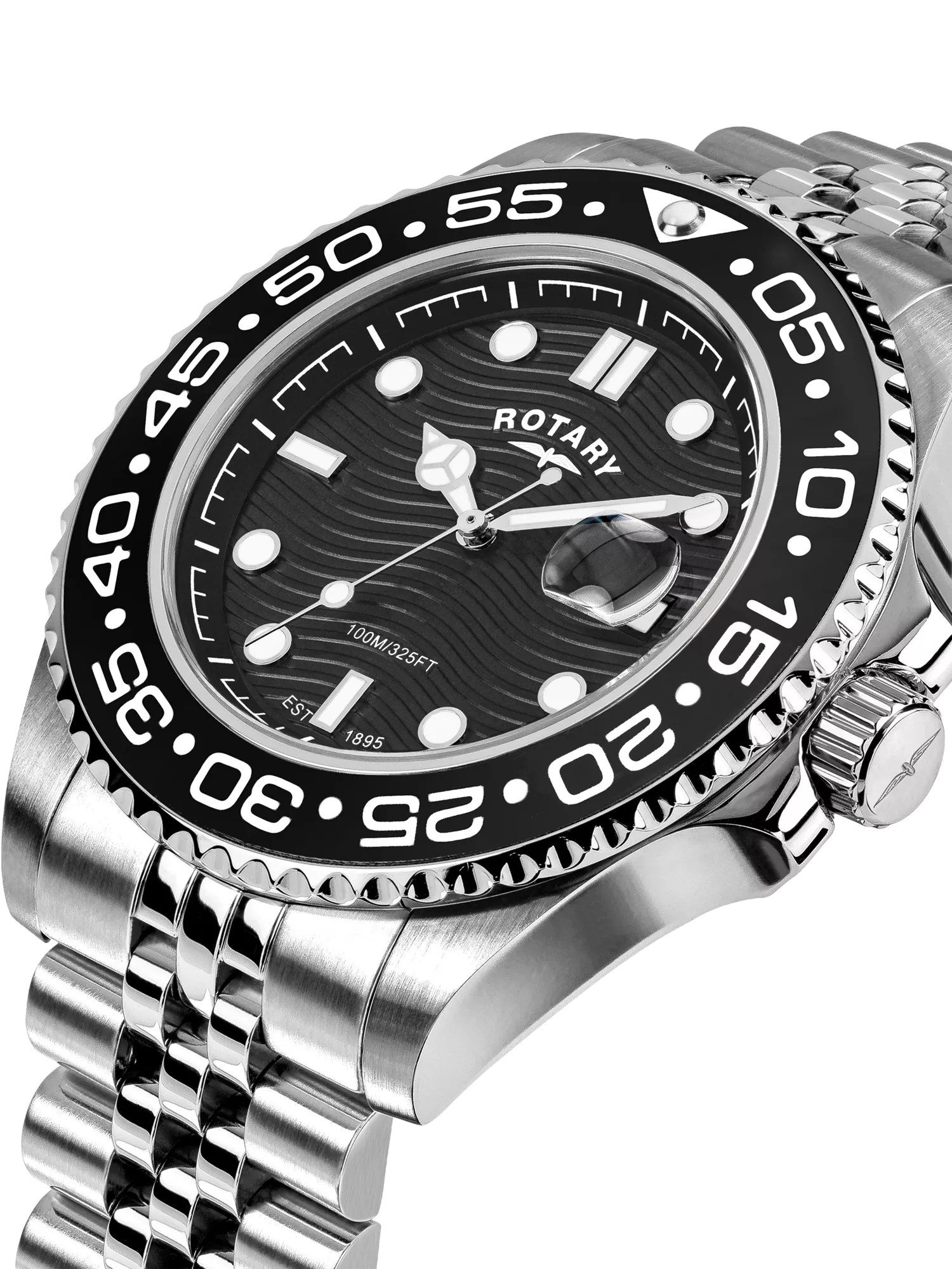 Rotary APEX100 men's watch silver bracelet black dial, UK version