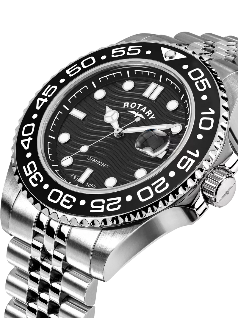 Rotary APEX100 men's watch silver bracelet black dial, UK version
